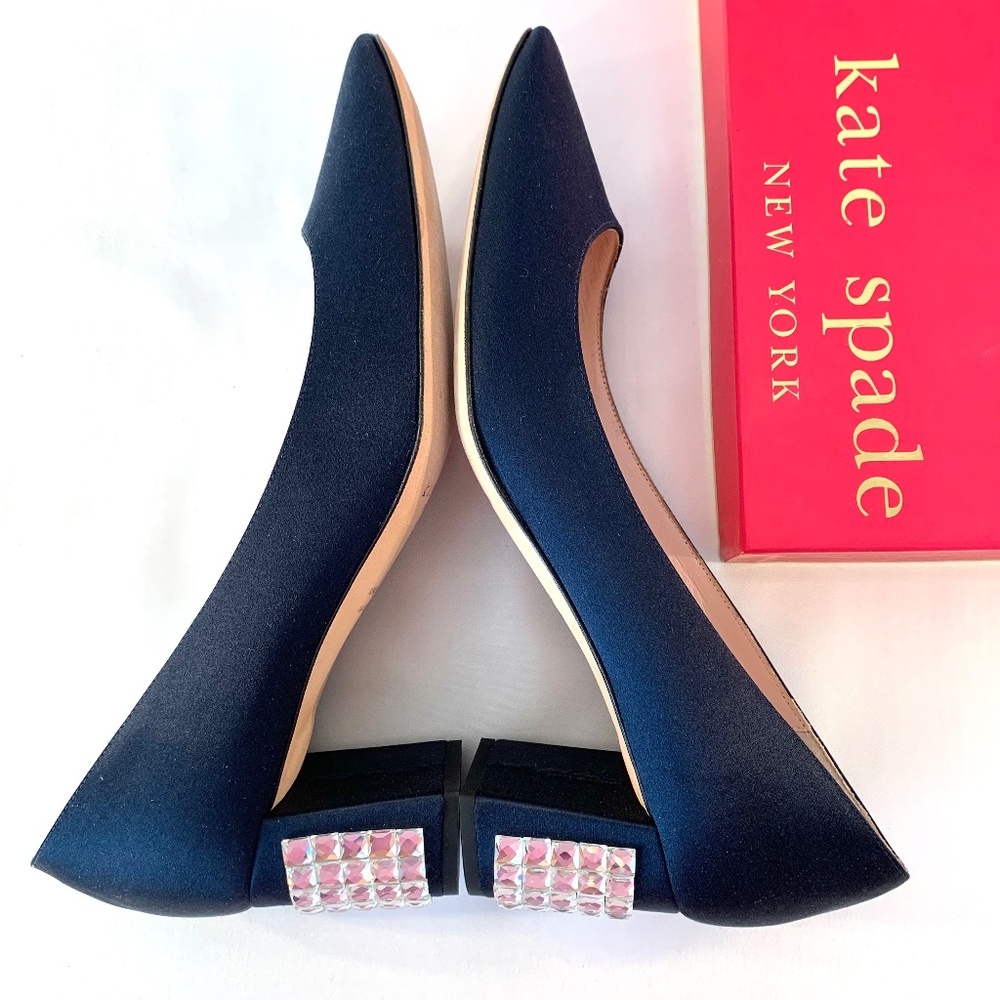 Kate Spade Navy Blue Satin Pumps Crystal Heel Glitter size 9.5 Block Heel Low